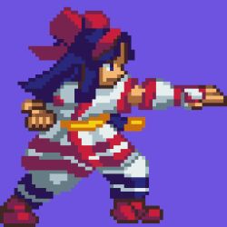 Rule 34 | 1girl, blue eyes, blue hair, breasts, clenched hand, fingerless gloves, gloves, hair ribbon, legs, long hair, nakoruru, pants, pixel art, punching, ribbon, samurai spirits, small breasts, snk, solo, the king of fighters, thighs, weapon