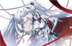 Rule 34 | 2girls, ahoge, armor, armored leotard, bare shoulders, blue eyes, breasts, cape, closed mouth, cowboy shot, cross, cross earrings, dual persona, earrings, elbow gloves, expressionless, gauntlets, gloves, hair between eyes, hair ornament, high ponytail, honkai (series), honkai impact 3rd, jewelry, kiana kaslana, kiana kaslana (herrscher of finality), kiana kaslana (herrscher of flamescion), long hair, looking at another, medium breasts, multiple girls, open mouth, ponytail, shiying no yao, standing, torn cape, torn clothes, very long hair, white hair