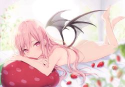 Rule 34 | 1girl, absurdres, ass, bare legs, barefoot, blurry, blurry background, blurry foreground, blush, breasts, demon girl, demon wings, depth of field, food, fruit, full body, highres, huge filesize, long hair, looking at viewer, lying, nude, on stomach, original, pink eyes, pink hair, rurudo, scan, small breasts, solo, strawberry, the pose, wings