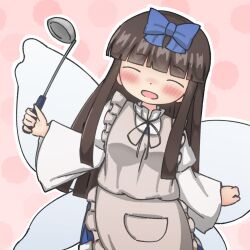 Rule 34 | 1girl, apron, baystarsapphire, black hair, black ribbon, blue bow, blunt bangs, blush, bow, brown hair, closed eyes, commentary request, cowboy shot, dot nose, facing viewer, fairy wings, frilled apron, frills, grey apron, hair bow, hand up, happy, highres, holding, holding ladle, juliet sleeves, ladle, leaning to the side, long hair, long sleeves, neck ribbon, nose blush, open mouth, outline, pink background, puffy sleeves, ribbon, sidelocks, simple background, smile, solo, star sapphire, touhou, very long hair, white outline, wide sleeves, wings