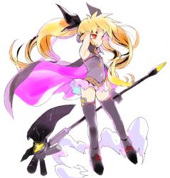 Rule 34 | 1girl, ankle boots, arm behind head, arm up, axe, bad id, bad twitter id, bardiche (axe form) (nanoha), bardiche (nanoha), bare shoulders, belt, belt buckle, black cape, black footwear, black gloves, black leotard, black ribbon, black thighhighs, blonde hair, boots, breasts, brown belt, buckle, cape, closed mouth, covered navel, eyebrows, facing away, fate testarossa, fate testarossa (movie 1st form), floating hair, full body, gloves, hair ornament, holding, holding axe, holding weapon, leotard, long hair, lyrical nanoha, mahou shoujo lyrical nanoha, mahou shoujo lyrical nanoha a&#039;s, mahou shoujo lyrical nanoha the movie 2nd a&#039;s, oishii ishiwata, platform boots, platform footwear, popped collar, red eyes, red ribbon, ribbon, simple background, small breasts, smile, solo, thighhighs, twintails, weapon, white background, zettai ryouiki