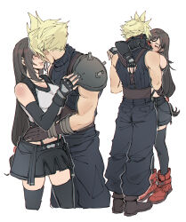 Rule 34 | 1boy, 1girl, armor, arms around neck, baggy pants, bare shoulders, black gloves, black hair, black skirt, black sports bra, black thighhighs, blonde hair, boots, breasts, brown footwear, brown gloves, closed eyes, cloud strife, commentary, couple, cowboy shot, crop top, cropped legs, elbow gloves, final fantasy, final fantasy vii, final fantasy vii remake, fingerless gloves, full body, gloves, hand on another&#039;s hip, highres, hug, implied kiss, large breasts, long hair, looking at another, low-tied long hair, midriff, pants, parted lips, pudelmudel, red eyes, red footwear, ribbed sweater, shoulder armor, single sidelock, skirt, sleeveless, sleeveless turtleneck, spiked hair, sports bra, standing, suspender skirt, suspenders, sweater, swept bangs, tank top, thighhighs, tifa lockhart, turtleneck, turtleneck sweater, very long hair, white background, white tank top, zettai ryouiki