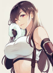 Rule 34 | 1girl, black hair, breasts, chachie, closed mouth, final fantasy, final fantasy vii, grey background, highres, large breasts, light smile, long hair, looking at viewer, one eye closed, red eyes, simple background, smile, solo, suspenders, sweat, tank top, tifa lockhart, towel, upper body