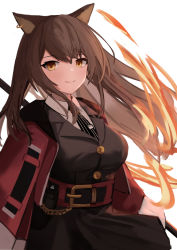 Rule 34 | 1girl, animal ears, arknights, bad id, bad twitter id, black dress, black necktie, breasts, brown hair, cat ears, cat girl, collared shirt, dress, ear piercing, fire, holding, holding staff, izumi roka, jacket, long sleeves, looking at viewer, medium breasts, necktie, off shoulder, piercing, red jacket, shirt, simple background, skyfire (arknights), smile, solo, staff, upper body, vertical-striped clothes, vertical-striped necktie, white background, white shirt, yellow eyes
