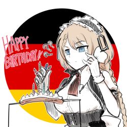 Rule 34 | 1girl, ?, blonde hair, blue eyes, candle, commentary request, cooking, english text, food, g36 (girls&#039; frontline), german flag, girls&#039; frontline, gloves, happy birthday, icing, korean commentary, madcore, maid, maid headdress, sausage, skewer, solo