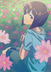 Rule 34 | 1girl, blue shirt, blurry, blurry foreground, blush, bob cut, breasts, brown eyes, brown hair, closed mouth, cosmos (flower), field, flower, flower field, from side, green shorts, hagiwara yukiho, hands up, highres, idolmaster, idolmaster (classic), idolmaster million live!, idolmaster million live! theater days, looking at viewer, medium breasts, own hands together, shirt, short hair, short sleeves, shorts, sitting, smile, solo, wanoji