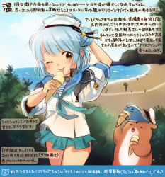 Rule 34 | 1girl, admiral (kancolle), animal, aqua neckwear, aqua skirt, blue hair, blue sailor collar, brown eyes, colored pencil (medium), commentary request, dated, dixie cup hat, double bun, food, hair bun, hamster, hat, holding, holding food, ice cream, kantai collection, kirisawa juuzou, military hat, miniskirt, neckerchief, non-human admiral (kancolle), numbered, one eye closed, pleated skirt, sailor collar, samuel b. roberts (kancolle), school uniform, serafuku, short hair, skirt, sleeve cuffs, smile, tongue, tongue out, traditional media, translation request, twitter username, whale, white hat