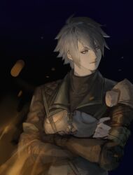 Rule 34 | 1girl, armor, brown jacket, commentary request, covered collarbone, crossed arms, embers, final fantasy, final fantasy xiv, grey eyes, grey hair, highres, jacket, korean commentary, looking to the side, misija votyasch, night, outdoors, pauldrons, roegadyn, sabbat 0, short hair, shoulder armor, single pauldron, smile, solo, turtleneck, upper body