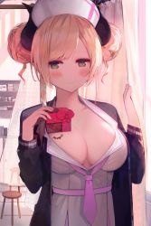 Rule 34 | 1girl, absurdres, black jacket, blonde hair, blush, bodypaint, bow, breasts, cabinet, cleavage, closed mouth, curtains, demon girl, demon horns, double bun, dress, first aid kit, green eyes, grey dress, hair bun, hat, highres, hololive, horns, indoors, jacket, jar, large breasts, long sleeves, muike, no bra, nurse cap, open clothes, open jacket, red bow, single sidelock, smile, solo, stool, swept bangs, unbuttoned, upper body, valentine, virtual youtuber, yuzuki choco, yuzuki choco (nurse)