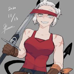 Rule 34 | 1girl, 25 kimera, alternate costume, black horns, blind, breasts, brown gloves, collarbone, commentary request, dated, demon girl, demon horns, demon tail, fang, gloves, grey eyes, grin, helltaker, highres, holding, holding sword, holding weapon, horns, justice (helltaker), medium breasts, muscular, red blindfold, red shirt, scar, shirt, short hair, signature, sketch, smile, solo, sword, tail, upper body, weapon, white hair