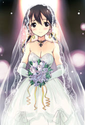 Rule 34 | 00s, 1girl, bouquet, breasts, bridal veil, bride, brown eyes, brown hair, cleavage, cross, dress, flower, gertrud barkhorn, iron cross, kyogoku shin, large breasts, long hair, solo, strike witches, twintails, veil, wedding dress, world witches series