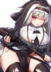 Rule 34 | 1girl, arknights, black dress, black headwear, black nails, black thighhighs, blush, breasts, circular saw, coat, commentary request, cowboy shot, dress, grey coat, grey hair, habit, hair between eyes, holding, holding weapon, huge breasts, jewelry, long hair, looking at viewer, nail polish, necklace, nun, oboenikui namae, one eye closed, open mouth, partial commentary, pelvic curtain, red eyes, saw, simple background, specter (arknights), sweat, thighhighs, torn clothes, torn dress, torn legwear, turtleneck, weapon, white background