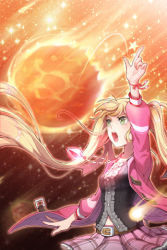 Rule 34 | 1girl, belt, blonde hair, bracelet, female focus, fire, fireball, frills, gradient background, green eyes, jacket, jewelry, long hair, lowres, necklace, open mouth, plaid, plaid skirt, pleated skirt, pyrokinesis, skirt, solo, star (symbol), sword girls, twintails