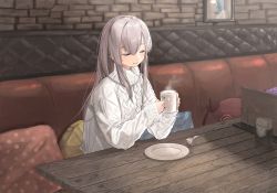 Rule 34 | 1girl, cable knit, commentary request, cup, drink, closed eyes, grey hair, hair between eyes, highres, holding, holding drink, idolmaster, idolmaster shiny colors, long sleeves, mug, pillow, plate, polka dot, sitting, smile, solo, steam, sweater, table, tamayume, wooden table, yukoku kiriko