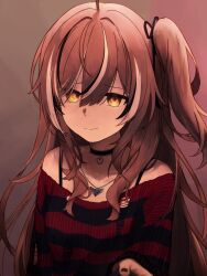 Rule 34 | 1girl, absurdres, ahoge, black nails, brown eyes, brown hair, choker, clothes tug, commentary, highres, hololive, hololive english, jewelry, lace, lace choker, long hair, nanashi mumei, nanashi mumei (emo), one side up, pendant, pout, pov, shirt, sseldne, striped clothes, striped shirt, virtual youtuber