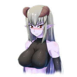 Rule 34 | 1girl, bare shoulders, black gloves, blue skin, blush, breasts, closed mouth, colored skin, covered erect nipples, crop top, demon horns, dream demon, elbow gloves, embarrassed, gloves, hair between eyes, horns, impossible clothes, large breasts, long hair, looking at viewer, monster girl, original, pointy ears, purple skin, red eyes, silver hair, simple background, skin tight, slit pupils, solo, upper body, v-shaped eyebrows, white background