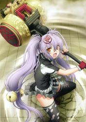 Rule 34 | 1girl, absurdres, bell, female focus, fingerless gloves, from above, gloves, hammer, highres, hyakka ryouran samurai girls, jingle bell, long hair, looking at viewer, low-tied long hair, naoe kanetsugu (hyakka ryouran), nishii (damnedrive), official art, open mouth, purple hair, shide, short sleeves, skirt, solo, thighhighs, twintails, very long hair, yellow eyes