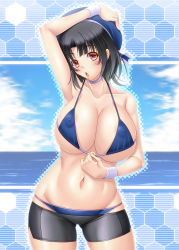 Rule 34 | 10s, 1girl, :o, arm up, ayato, bike shorts, bikini, bikini pull, black hair, blue bikini, blush, breasts, choker, clothes pull, cloud, covered erect nipples, day, hand on own head, hexagon, highres, huge breasts, kantai collection, navel, open mouth, pulling own clothes, red eyes, short hair, sky, solo, swimsuit, takao (kancolle), wristband