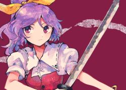 Rule 34 | 1girl, bangle, bracelet, breasts, closed mouth, commentary request, dress, hair ribbon, itomugi-kun, jewelry, katana, long hair, ponytail, puffy short sleeves, puffy sleeves, purple hair, red background, red dress, red eyes, ribbon, shirt, short sleeves, single strap, small breasts, sword, touhou, upper body, watatsuki no yorihime, weapon, white shirt, yellow ribbon