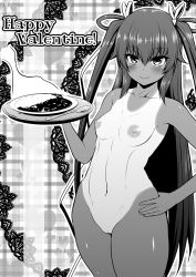 Rule 34 | 1girl, blush, breasts, cleft of venus, curry, curvy, dark-skinned female, dark skin, female focus, food, hair ribbon, hand on own hip, happy valentine, highres, long hair, looking at viewer, lovelovemaid, mizuki yukikaze, monochrome, nipples, nude, one-piece tan, partially visible vulva, pussy, ribbon, shiny skin, simple background, small breasts, smile, solo, standing, taimanin (series), taimanin rpgx, taimanin yukikaze, tan, tanline, twintails, uncensored, upper body, valentine, very long hair