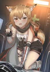 Rule 34 | 1girl, 1other, animal ears, arknights, breasts, brown eyes, cape, commentary request, doctor (arknights), fox ears, fox girl, fox tail, hair ornament, hairclip, highres, hood, hooded cape, indoors, material growth, necklace, notched ear, oripathy lesion (arknights), platinum blonde hair, prosthesis, prosthetic arm, short hair, shorts, small breasts, solo, solo focus, tail, tooth necklace, vermeil (arknights), yuzf