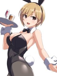 Rule 34 | 1girl, aiba yumi, animal ears, black leotard, black pantyhose, blonde hair, bow, bowtie, breasts, brown eyes, cleavage, commentary request, cowboy shot, cup, detached collar, drinking glass, highres, idolmaster, idolmaster cinderella girls, large breasts, leotard, looking at viewer, pantyhose, pataneet, playboy bunny, rabbit ears, rabbit tail, short hair, simple background, solo, strapless, strapless leotard, tail, tray, white background, wine glass, wrist cuffs