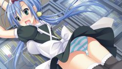 Rule 34 | 1girl, ass, blue hair, blush, book, breasts, embarrassed, game cg, green eyes, large breasts, lautes alltags, legs, long hair, looking away, maid, maid headdress, open mouth, panties, solo, sorai shin&#039;ya, standing, striped clothes, striped panties, thighs, twintails, underwear