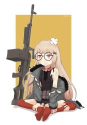Rule 34 | 1girl, ammunition box, bandaid, bandaid on head, beret, black hat, black nails, black necktie, black shirt, blonde hair, blush, closed mouth, crossed bandaids, feet, fingernails, full body, fur-trimmed jacket, fur trim, general-purpose machine gun, girls&#039; frontline, glasses, green jacket, gun, hair ornament, hairclip, hand on own ankle, hat, jacket, kamihine, knees apart feet together, long hair, long sleeves, looking away, machine gun, necktie, no shoes, off shoulder, open clothes, open jacket, pouch, red eyes, red thighhighs, round eyewear, shirt, simple background, sitting, sleeveless, sleeveless shirt, solo, thighhighs, torn clothes, torn jacket, torn necktie, torn shirt, torn thighhighs, twitter username, type 80, type 80 (girls&#039; frontline), very long hair, weapon, white background, yellow background