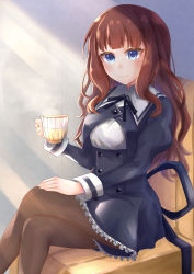 Rule 34 | 1girl, absurdres, assault lily, black pantyhose, black skirt, blue eyes, blunt bangs, blush, breasts, brown hair, brown pantyhose, buttons, chair, closed mouth, cropped jacket, crossed legs, cup, day, feet out of frame, fingernails, frilled skirt, frills, hand on own thigh, hand up, high-waist skirt, highres, holding, holding cup, indoors, jewelry, juliet sleeves, kaede johan nouvel, light particles, long hair, long sleeves, looking at viewer, medium breasts, miniskirt, neck ribbon, on chair, pantyhose, puffy sleeves, ribbon, ring, school uniform, shirt, sidelocks, sitting, skirt, smile, solo, steam, sunlight, teacup, wavy hair, white shirt, yozakurayuyu, yurigaoka girls academy school uniform