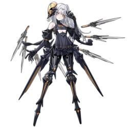 Rule 34 | 1girl, artist request, bare shoulders, black dress, blade, breasts, center opening, closed mouth, detached sleeves, dress, eyeshadow, floating, floating object, floating weapon, full body, girls&#039; frontline, hair ornament, heterochromia, high side ponytail, long hair, looking at viewer, makeup, mask, mask on head, mechanical arms, mechanical legs, narciss (girls&#039; frontline), no feet, nyto (girls&#039; frontline), official art, paradeus, pink eyes, red eyeshadow, simple background, small breasts, solo, standing, third-party source, transparent background, underboob, weapon, white hair, yellow eyes