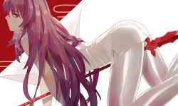 Rule 34 | 1girl, all fours, arched back, ass, bare shoulders, between legs, blush, china dress, chinese clothes, closed mouth, dress, dutch angle, fate/grand order, fate (series), feet out of frame, from side, gae bolg (fate), grey dress, grey legwear, long hair, looking at viewer, looking to the side, profile, purple eyes, purple hair, scathach (fate), side slit, sideways glance, sleeveless, sleeveless dress, smile, solo, very long hair, vic (vedream), white legwear