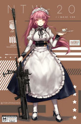 Rule 34 | 1girl, apron, black dress, black footwear, black ribbon, breasts, closed mouth, commentary, cup, dress, english commentary, girls&#039; frontline, gun, hair flaps, high heels, highres, holding, juliet sleeves, large breasts, long hair, long sleeves, looking at viewer, maid, maid apron, maid headdress, neck ribbon, ntw-20 (girls&#039; frontline), official alternate costume, pink eyes, pink hair, ponytail, puffy sleeves, ribbon, rifle, sniper rifle, solo, standing, teacup, terupancake, tray, twitter username, weapon, white apron
