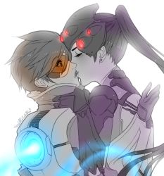 Rule 34 | 2girls, artist name, closed eyes, female focus, goggles, head-mounted display, kiss, ladylillieath, limited palette, multiple girls, overwatch, overwatch 1, partially colored, ponytail, purple hair, signature, surprised, tracer (overwatch), upper body, white background, widowmaker (overwatch), yuri