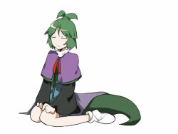 Rule 34 | 1other, 21scorpii, adagumo no saragimaru, bad id, bad pixiv id, black sleeves, blue kimono, blunt bangs, buttons, capelet, chinese commentary, closed eyes, closed mouth, collar, collared capelet, commentary request, frown, green hair, green headwear, green trim, hands on lap, japanese clothes, kimono, len&#039;en, long sleeves, no shoes, ponytail holder, purple capelet, short hair, short ponytail, sitting, snake tail, socks, tail, wariza, white collar, white socks, wide sleeves