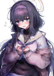 Rule 34 | 1girl, black bodysuit, black hair, blue archive, blue eyes, blush, bodysuit, cardigan, covered navel, flying sweatdrops, hair between eyes, hair ribbon, hairband, halo, highres, inusaka, jewelry, long hair, long sleeves, looking at viewer, neckerchief, necklace, open cardigan, open clothes, parted lips, ribbon, sailor collar, school uniform, serafuku, simple background, solo, ui (blue archive), very long hair, white background, white sailor collar
