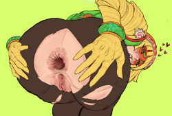 Rule 34 | 1girl, after anal, aftersex, anus, arms (game), ass, ass focus, beanie, bent over, blonde hair, blush, bob cut, commentary, domino mask, english commentary, extreme gaping, gaping, green background, green eyes, hands on own ass, hat, heart, highres, knit hat, legs together, mask, min min (arms), no panties, pants, pussy, red panda waifu, short hair, solo, spread ass, thick thighs, thighs, torn clothes, torn pants, uncensored, yoga pants