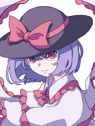 Rule 34 | 1girl, absurdres, black hat, bow, capelet, closed mouth, eyebrows hidden by hair, frilled shawl, frills, hair between eyes, hat, hat bow, highres, kame (kamepan44231), looking at viewer, nagae iku, one-hour drawing challenge, purple hair, red bow, red eyes, shawl, shirt, short hair, solo, touhou, upper body, white capelet, white shirt