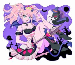 Rule 34 | 1girl, :d, bare shoulders, bat (animal), black choker, black dress, black footwear, black horns, blue eyes, boots, breasts, cape, choker, claw pose, cleavage, collarbone, commentary, crown, danganronpa: trigger happy havoc, danganronpa (series), demon girl, demon wings, detached sleeves, dress, enoshima junko, frilled sleeves, frills, full body, ghost, green eyes, hair ornament, hand up, hat, heart, heart print, holding, horns, knee boots, knees up, long hair, looking at viewer, medium breasts, monokuma, open mouth, pink hair, puffy short sleeves, puffy sleeves, rexmmik, short sleeves, smile, solo, staff, tail, teeth, tree, twintails, upper teeth only, white background, white dress, wings, witch hat