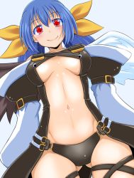 Rule 34 | 1girl, asymmetrical wings, black panties, blue hair, blush, breasts, center opening, detached sleeves, dizzy (guilty gear), groin, guilty gear, hair ribbon, large breasts, long hair, navel, panties, poncocchan, red eyes, revealing clothes, ribbon, shoulder pads, sideboob, skindentation, smile, solo, tail, thigh strap, twintails, underwear, wings