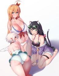Rule 34 | 3girls, ahoge, all fours, amano don, animal ear fluff, animal ears, antenna hair, arms behind back, ass, back, bare shoulders, barefoot, bikini, black bikini, black hair, blue eyes, blush, braid, breasts, cat ears, cat girl, cat tail, cleavage, closed mouth, collarbone, eyewear on head, green eyes, green one-piece swimsuit, hair ornament, hairband, jacket, karyl (princess connect!), karyl (summer) (princess connect!), kneeling, kokkoro (princess connect!), kokkoro (summer) (princess connect!), lace, lace-trimmed bikini, lace trim, large breasts, long hair, looking at viewer, looking back, low twintails, medium breasts, multicolored hair, multiple girls, navel, off shoulder, one-piece swimsuit, open mouth, orange hair, pecorine (princess connect!), pecorine (summer) (princess connect!), pointy ears, princess connect!, purple jacket, red eyes, red ribbon, ribbon, shorts, side braid, simple background, sitting, smile, streaked hair, sunglasses, swimsuit, tail, thigh strap, thighs, twintails, umbrella, wariza, wavy mouth, white-framed eyewear, white background, white bikini, white hair, white hairband, white shorts