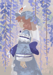 Rule 34 | 1girl, arms at sides, blue bow, blue hat, blue kimono, bow, closed mouth, cowboy shot, dappled sunlight, expressionless, flower, frilled kimono, frills, from side, hat, japanese clothes, kimono, long sleeves, looking away, mob cap, nail polish, no lineart, outdoors, pink eyes, pink hair, pink nails, profile, saigyouji yuyuko, seeker, short hair, signature, solo, sunlight, tareme, touhou, triangular headpiece, veil, wavy hair, wide sleeves, wisteria