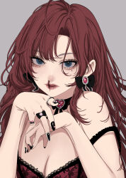 Rule 34 | 1girl, aegyo sal, ahoge, black choker, black footwear, black nails, blood, blue eyes, bow, bow earrings, bra, breasts, choker, cleavage, closed mouth, earrings, eyelashes, fingernails, gem, glitter makeup, grey background, highres, ichinose shiki, idolmaster, idolmaster cinderella girls, jewelry, lace, lace-trimmed bra, lace trim, long hair, looking at viewer, maou (demonlord), mole, mole on breast, mole under eye, nosebleed, parted bangs, pointing, pointing at viewer, red bra, red gemstone, red hair, red lips, ring, sharp fingernails, solo, strap slip, underwear, upper body