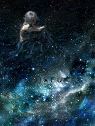 Rule 34 | 1girl, artist name, bare arms, bare shoulders, closed eyes, closed mouth, commentary, dress, fantasy, galaxy, grey hair, highres, knee up, milky way, nixeu, original, scenery, sitting, sky, solo, sparkle, star (sky), starry sky