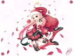 Rule 34 | 1girl, :d, bag, bare shoulders, black thighhighs, boots, christmas, detached sleeves, dress, easy (easycrew), garter straps, hat, high heels, lee byung hee, looking back, lucia, lucia (pangya), open mouth, pangya, petals, pink eyes, pink hair, santa costume, santa hat, shoes, smile, solo, source request, thighhighs