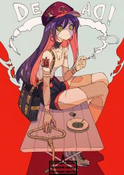 Rule 34 | 1girl, absurdres, ashtray, bag, bench, black bag, black shorts, breasts, choker, cigarette, cigarette butt, cleavage, cogecha, earrings, english text, flat color, hat, highres, hoop earrings, jewelry, ligne claire, looking at viewer, multicolored hair, noose, original, patchwork skin, red background, red eyes, rope, safety pin, shadow, shorts, shoulder bag, sitting, skull, small breasts, smoke, solo, spiked choker, spikes, stitches, symbol-shaped pupils, tank top, two-tone hair, white legwear, x x, yellow eyes