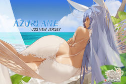 Rule 34 | 1girl, ass, azur lane, bare back, blue eyes, blue hair, blue sky, butt crack, character name, cloud, copyright name, day, from behind, highres, hu dako, long hair, looking away, lying, new jersey (azur lane), new jersey (snow-white ceremony) (azur lane), ocean, on side, patreon username, sky, solo, thighs, thong