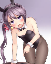 Rule 34 | 10s, 1girl, akebono (kancolle), animal ears, bare shoulders, bell, blush, bow, bowtie, rabbit ears, detached collar, fake animal ears, flat chest, flower, frown, hair bell, hair flower, hair ornament, highres, jingle bell, kantai collection, leotard, long hair, neit ni sei, open mouth, pantyhose, playboy bunny, purple eyes, purple hair, side ponytail, solo, very long hair, wrist cuffs