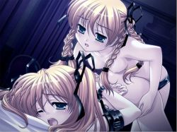 Rule 34 | 2girls, arms behind back, bdsm, blonde hair, blue eyes, blush, bondage, bound, bound arms, bound wrists, braid, breasts, chain, cuffs, dildo, doggystyle, female focus, femdom, from behind, game cg, hair ribbon, imi (shinju no yakata), incest, itsuki (shinju no yakata), jpeg artifacts, meteor (company), multiple girls, nipples, nude, one eye closed, open mouth, ribbon, sex, sex from behind, shinju no yakata, siblings, sisters, small breasts, strap-on, top-down bottom-up, topless, torso grab, twincest, twins, twintails, underwear, wince, wink, yuri, yuyi