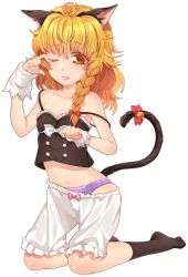 Rule 34 | 1girl, animal ears, bell, blonde hair, bloomers, bloomers pull, braid, camisole, cat ears, cat tail, fang, hasumi shizuko, highres, kemonomimi mode, kirisame marisa, kneeling, long hair, one eye closed, panties, panties under bloomers, purple panties, ribbon, simple background, single braid, solo, strap slip, tail, tears, touhou, transparent background, underwear, white background, wink, yellow eyes