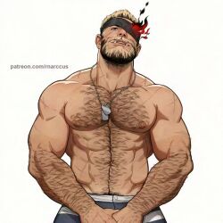Rule 34 | 1boy, abs, arm hair, balor (housamo), bara, beard, black hair, blonde hair, blue eyes, chest hair, commission, covering crotch, covering privates, cross scar, dog tags, eyepatch, facial hair, facial scar, flaming eye, full beard, glaze artifacts, groin, hairy, head tilt, large pectorals, looking at viewer, male focus, male pubic hair, marcus (rnarccus), mature male, multicolored hair, muscular, muscular male, nipples, own hands together, paid reward available, pectorals, prison clothes, pubic hair, pubic hair peek, scar, scar on arm, scar on cheek, scar on chest, scar on face, short hair, solo, tan, tanline, thick arm hair, thick beard, thick chest hair, thick eyebrows, thick neck, tokyo houkago summoners, topless male, tsurime, tusks, two-tone beard, two-tone hair, upper body